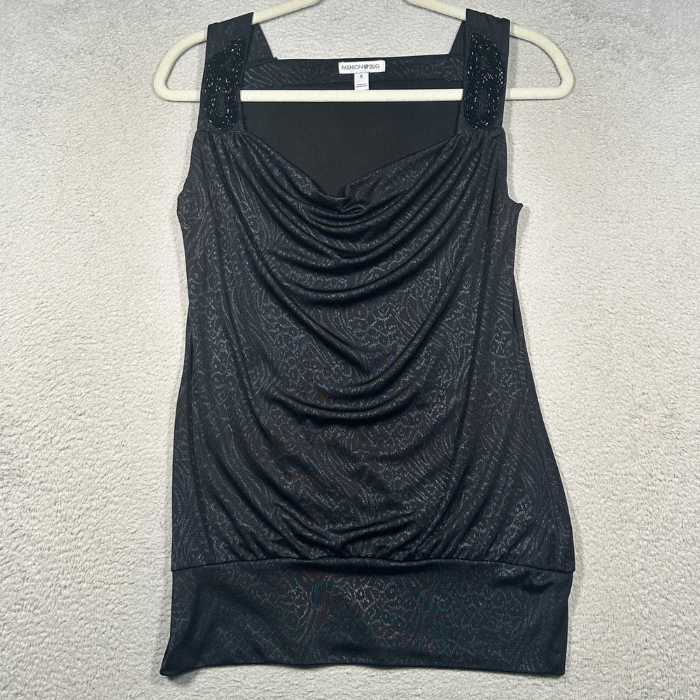 Vintage Y2K Fashion‎ Bug Tank Top Womens S Black Metallic Leopard Beaded Shimmer